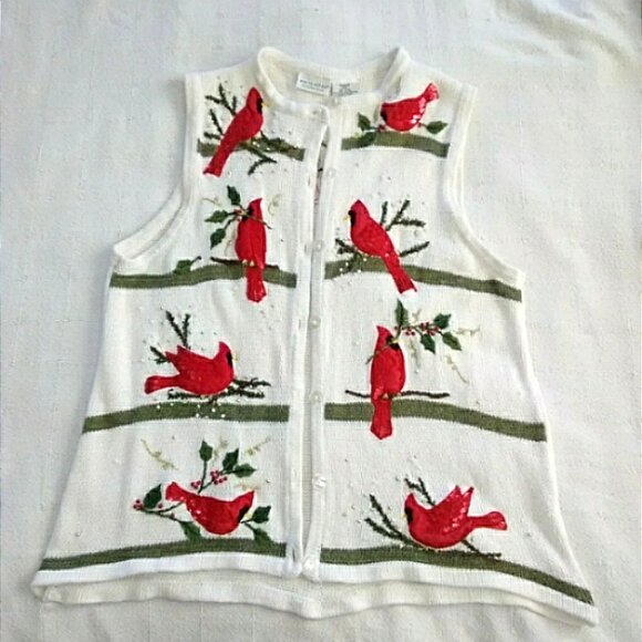 White Christmas/Holiday Sweater Vest w/Glitzy Red Cardinals Plus Size 16W - Picture 1 of 5